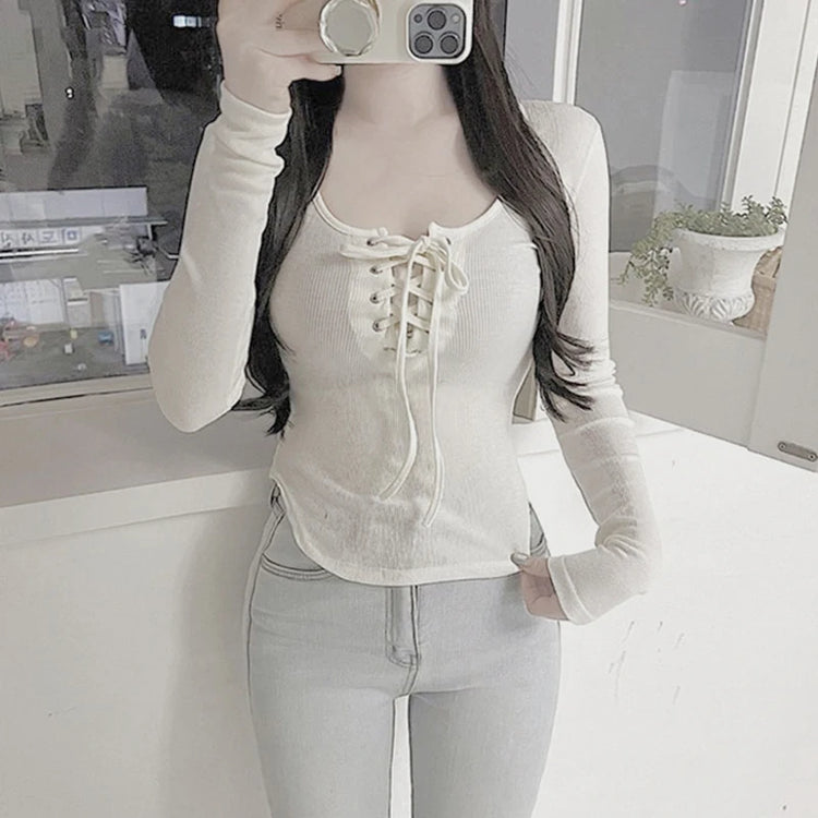 Women Autumn Sexy Lace-up Round Neck Long Sleeve Irregular Solid Color Slim T-shirt