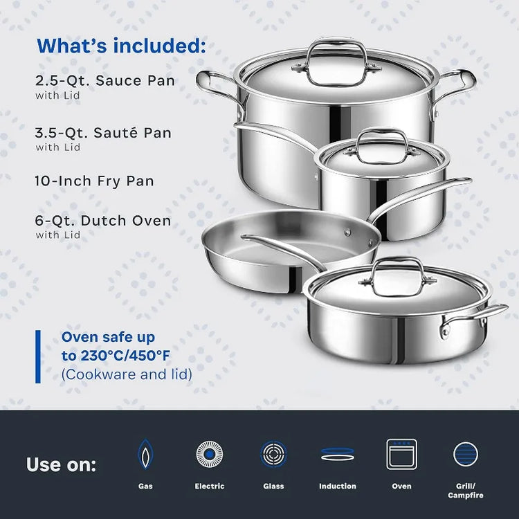 Legend 5 Ply 7 pc Small Starter Set Stainless Steel Pots & Pans for Home Cook | Quality Cookware 5ply Clad All Surface Cooking