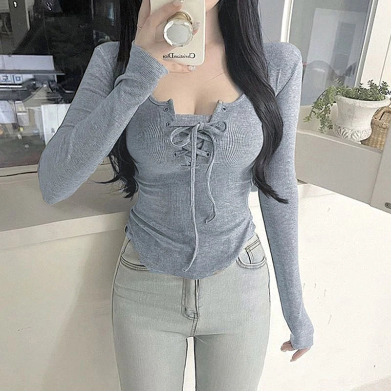 Women Autumn Sexy Lace-up Round Neck Long Sleeve Irregular Solid Color Slim T-shirt