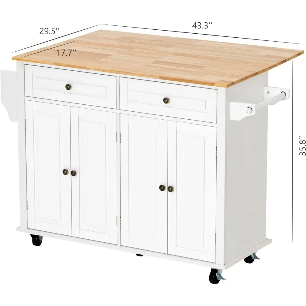 Kitchen Cart with Wood Top and Drop Leaf Breakfast Bar, Rolling Mobile Kitchen Table on Wheels with Drawer, Kitchen Cart