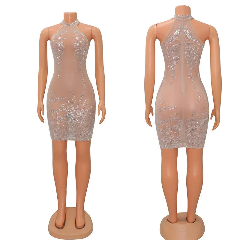 Sexy Party Dress for Women Mesh Sheer See Through Party Club Night Mini Bodycon Dress Luxury Rhinestone Sparkly Birthday Dress