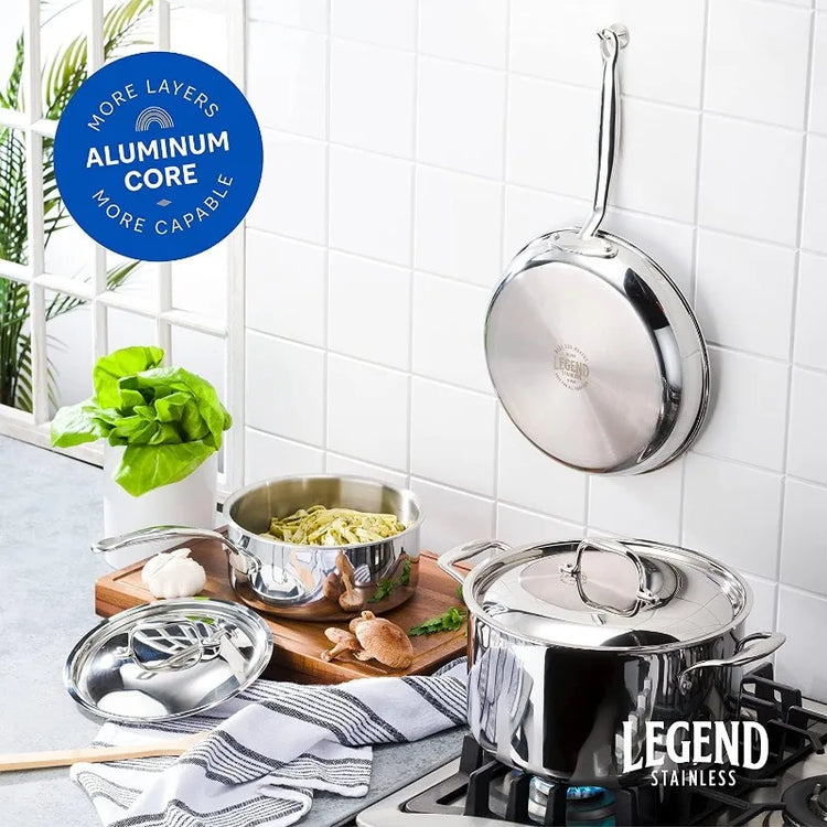 Legend 5 Ply 7 pc Small Starter Set Stainless Steel Pots & Pans for Home Cook | Quality Cookware 5ply Clad All Surface Cooking